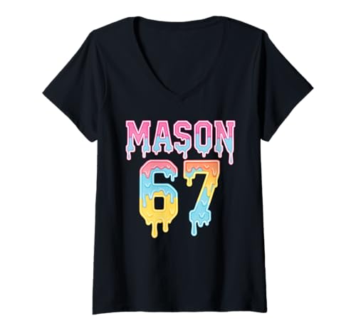 Damen Mason Six Seven 6 7 Lustiger Meme-Internet-Witz Viral Alpha T-Shirt mit V-Ausschnitt Damen Mason Six Seven 6 7 Lustiger Meme-Internet-Witz Viral Alpha T-Shirt mit V-Ausschnitt von Mason Apparel