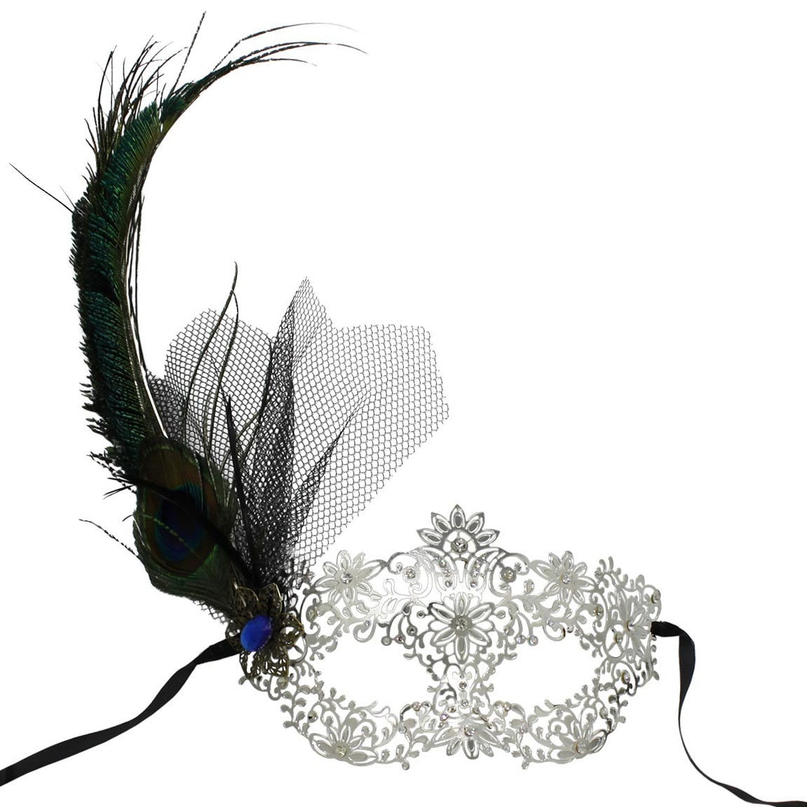 Silber Maskerade Maske Mit Pfau Federn Silber Maskerade Maske Mit Pfau Federn von MasqueradeMasksStore