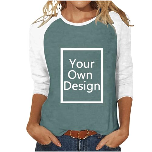 3/4 Ärmel Tshirt Bedrucken Lassen Damen - Frauen Patchwork Oberteile Selbst Gestalten mit Vorne Bedruckt, Personalisiert Exklusive Individualisierung Mit Foto Text Logo - Custom Geschenk von Masrin