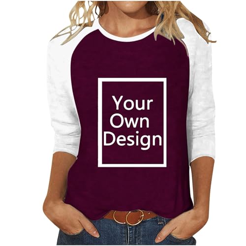 3/4 Ärmel Tshirt Bedrucken Lassen Damen - Frauen Patchwork Oberteile Selbst Gestalten mit Vorne Bedruckt, Personalisiert Exklusive Individualisierung Mit Foto Text Logo - Custom Geschenk von Masrin