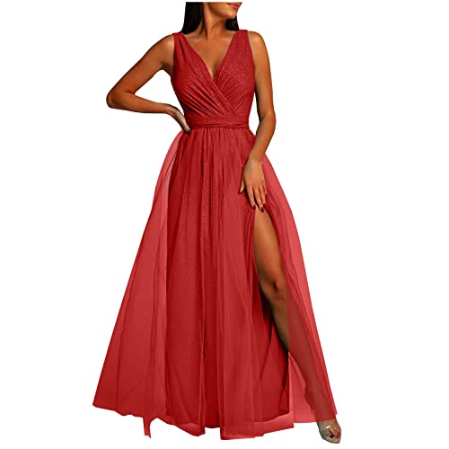 Abendkleid Damen Lang Elegantes Modisches Ballkleid Einfarbiges Tüllkleid Ärmelloses Cocktailkleid mit V-Ausschnitt Fließendes Swing Kleid Bodenlanges langes Maxikleid Hoher Schlitz Partykleid von Masrin