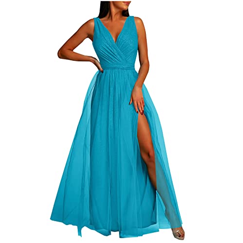 Abendkleid Damen Lang Elegantes Modisches Ballkleid Einfarbiges Tüllkleid Ärmelloses Cocktailkleid mit V-Ausschnitt Fließendes Swing Kleid Bodenlanges langes Maxikleid Hoher Schlitz Partykleid von Masrin