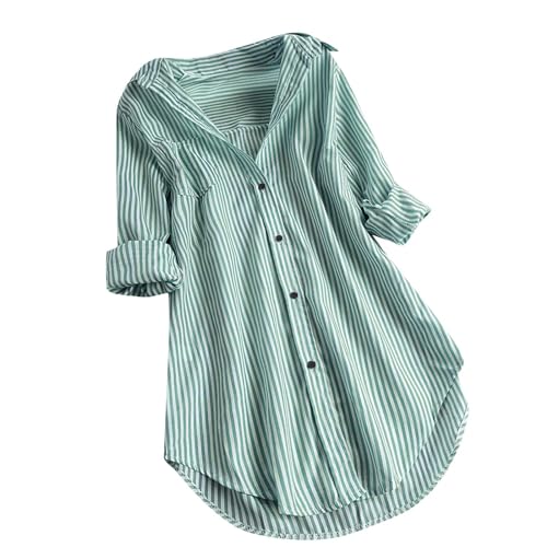 Bluse Damen Modisches Gestreiftem Druck Langarmshirt Umlegekragen Langen Ärmeln Oberteile Button Down Hemden Übergroße Hemdbluse Unregelmäßigem Saum Tunika Tops Plus Size Locker Blusentops S-5XL von Masrin