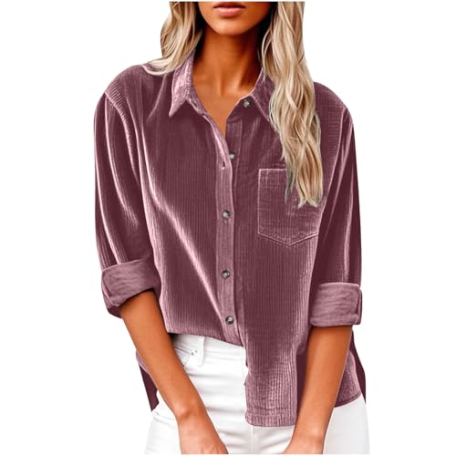 Cordbluse Damen Langarmshirt mit Knopfleiste Revers Langarm Bluse Mit Tasche Rippung Cordhemd Button Down Shirt Einfarbig Cord Hemd Frühling Herbst Hemdjacke Cordjacke Blusentops Shirtbluse von Masrin