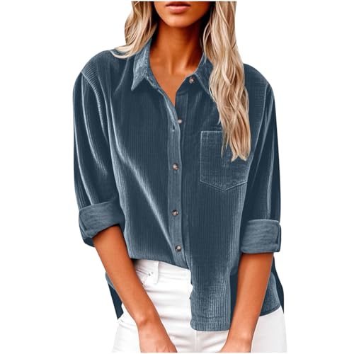 Cordbluse Damen Langarmshirt mit Knopfleiste Revers Langarm Bluse Mit Tasche Rippung Cordhemd Button Down Shirt Einfarbig Cord Hemd Frühling Herbst Hemdjacke Cordjacke Blusentops Shirtbluse von Masrin