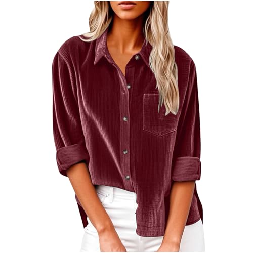 Cordbluse Damen Langarmshirt mit Knopfleiste Revers Langarm Bluse Mit Tasche Rippung Cordhemd Button Down Shirt Einfarbig Cord Hemd Frühling Herbst Hemdjacke Cordjacke Blusentops Shirtbluse von Masrin