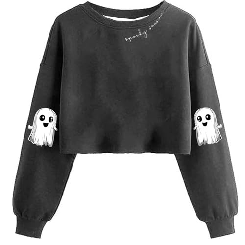 Crop Tops Damen Kurz Sweatshirt Spooky Season Spruch Pullover Halloween Kostüm Rundhalsausschnitt Langarm Sweater Furcht Gespenst Kürbis Muster Oberteile Longsleeve Pulli Shirt Langarmshirt von Masrin