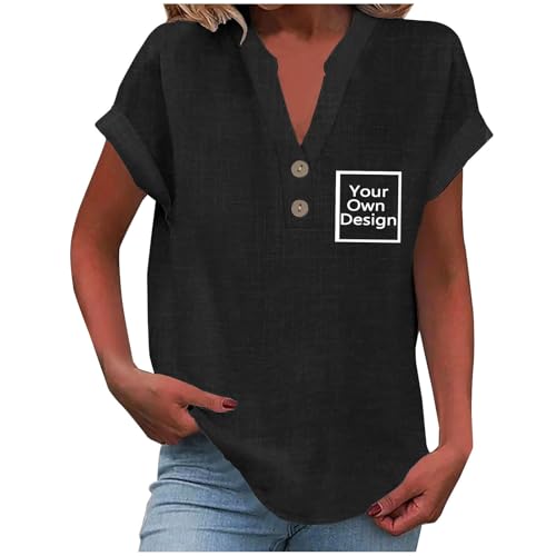 Custom Tshirt Bedrucken Lassen für Damen - V-Ausschnitt Leinen T-Shirt Selbst Gestalten mit Vorne Bedruckt, Personalisiert Exklusive Anpassung Mit Foto Text Logo - Design das Einzige Geschenk von Masrin