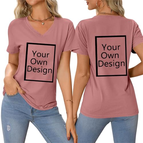 Custom Tshirt Bedrucken Lassen für Damen - V-Ausschnitt T-Shirt Selbst Gestalten mit Vorne und hinten Bedruckt, Personalisiert Exklusive Anpassung Mit Text Foto Logo - Design das Einzige Geschenk von Masrin