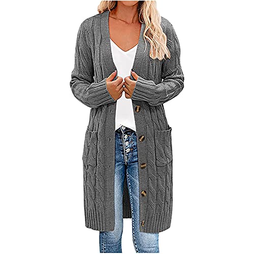 Damen Pullover Strickjacke Lässige einfarbige Lange Bluse mit Taschen Knopfleiste vorne offen Herbst Winter Dicke Oberbekleidung Langärmlige schmale Jacke von Masrin