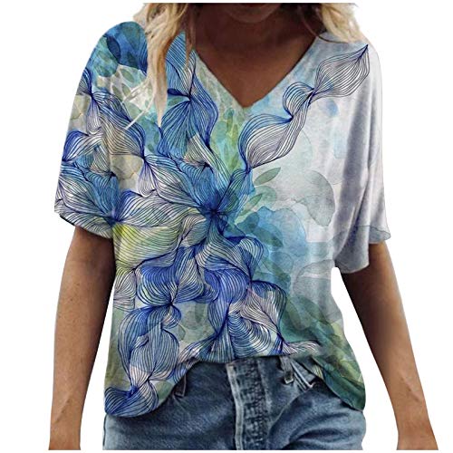 Damen T-Shirt Frühling Sommer Szenische Blumen Tiermotiv Tops Bunte 3D-gedruckte Pullover Casual Kurzarm V-Ausschnitt Tunika Vintage T-Shirt Bluse(L,Blau5) von Masrin