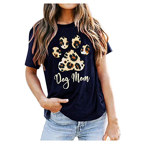 Dog MOM T-Shirt Frauen Tops Casual Letters Leopardenmuster Pullover Kurzarm O-Ausschnitt Loose Tunika Basic Bluse (XL,Marine) von Masrin