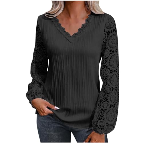 Elegante Spitzenbluse Damen Oberteile mit Spitze Nähten und modischen Blumen Einfarbiger Pullover Pulli Tops mit tiefem V Ausschnitt und Aushöhlen Herbst Langarmshirts Baggy Tunika Partykleidung von Masrin