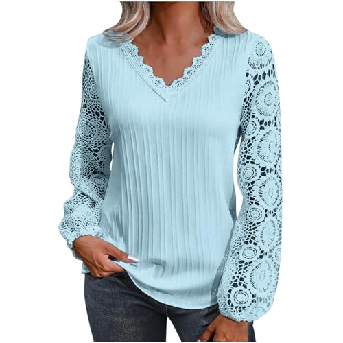 Elegante Spitzenbluse Damen Oberteile mit Spitze Nähten und modischen Blumen Einfarbiger Pullover Pulli Tops mit tiefem V Ausschnitt und Aushöhlen Herbst Langarmshirts Baggy Tunika Partykleidung von Masrin