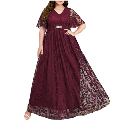 Elegantes Abendkleid Damen Lang Empire Taille Maxikleid Modisches Blumenstickerei Spitzenkleid V-Ausschnitt Kurzarm Blusenkleid Knöchellang Cocktailkleid Für Hochzeit Ballkleid Hochzeitsgast Kleider von Masrin