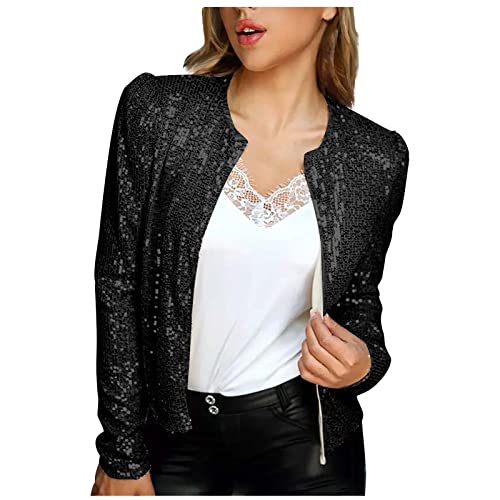 Jacke Damen kurz Bolero Pailletten Jacke Einfarbige Freizeitjacke Reißverschluss Mantel Langarm Blazer Partywear Crop Jacken von Masrin