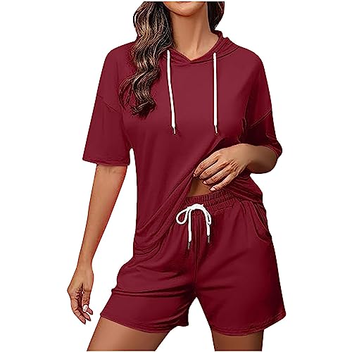 Jogginganzug Damen Sommer Einfarbiges Trainingsset Kurzarm Hoodie + Elastische Taille Shorts Activewear Zweiteiler Set Sportbekleidung Trainingsanzüge Gym Workout Fitness set Sport Kleidung Outfit von Masrin