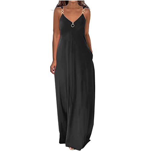 Kleider Damen Sommerkleid Lang Lässiges Einfarbig Maxikleid Ärmellos V-Ausschnitt Trägerkleid Boho Urlaubskleid Große Größen Lose Kleid Partykleid S-5XL Locker Freizeitkleid mit Reißverschluss von Masrin