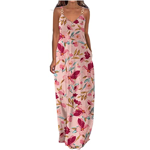 Kleider Damen Sommerkleid Lang Lässiges Einfarbig Maxikleid Ärmellos V-Ausschnitt Trägerkleid Boho Urlaubskleid Große Größen Lose Kleid Partykleid S-5XL Locker Freizeitkleid mit Reißverschluss von Masrin