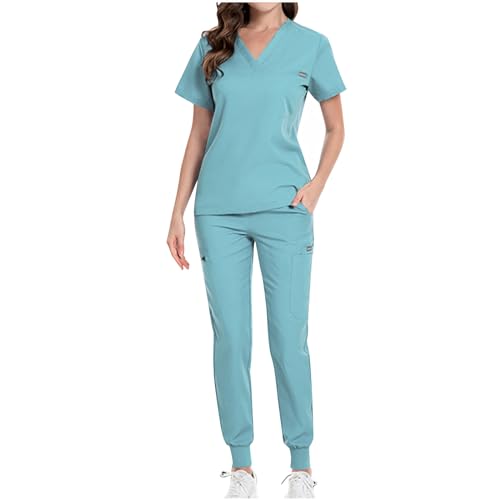 Masrin Arbeitskleidung Damen Zweiteiliges Set Einfarbige Medizin Uniform V-Ausschnitt Kurzarm T-Shirt + Lockere Lange Hose Arzt Krankenschwester Pflege Kasacks Hosen Outfit Für Frauen von Masrin