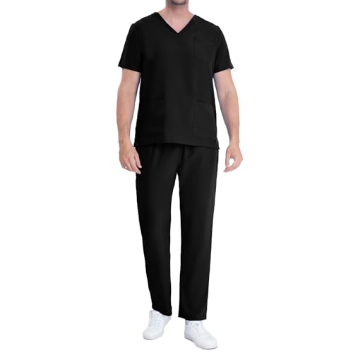 Masrin Arbeitskleidung Herren Zweiteiliges Set Einfarbige Medizin Uniform V-Ausschnitt Kurzarm T-Shirt + Elastische Taille Lange Hose Arzt Krankenschwester Pflege Kasacks Hosen Outfit Für Männer von Masrin