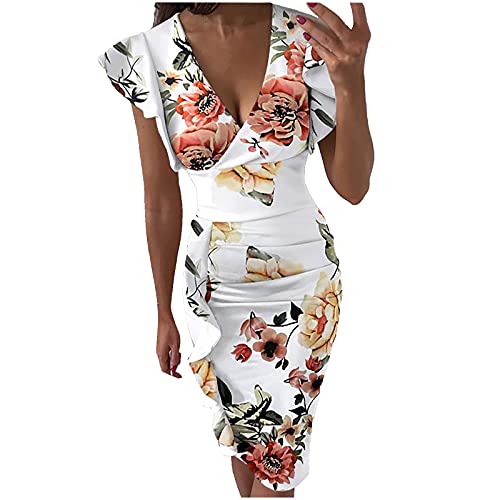 Masrin Berufskleidung für Damen Modisches einfarbiges Etuikleid Figurbetontes Kleid mit V-Ausschnitt und Blütenblattärmeln Langes Kleid mit hoher Taille und Schlitz Party Kleid von Masrin