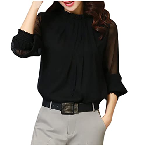 Masrin Bluse Damen Lässiges einfarbiges Chiffon Hemd T Shirt mit Netz Nähten Pullover mit Stehkragen und Puffärmeln Frühlings Herbst Langarm Shirt Business Tops Partykleidung Crop Tops von Masrin