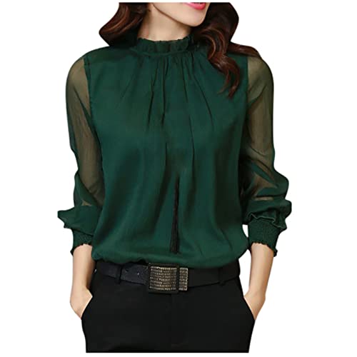 Masrin Bluse Damen Lässiges einfarbiges Chiffon Hemd T Shirt mit Netz Nähten Pullover mit Stehkragen und Puffärmeln Frühlings Herbst Langarm Shirt Business Tops Partykleidung Crop Tops von Masrin