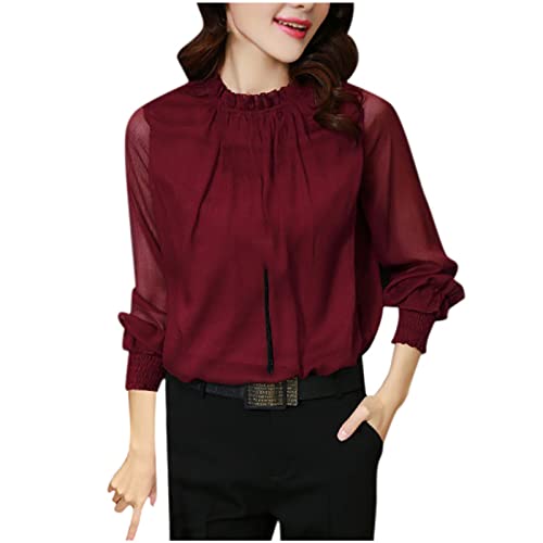 Masrin Bluse Damen Lässiges einfarbiges Chiffon Hemd T Shirt mit Netz Nähten Pullover mit Stehkragen und Puffärmeln Frühlings Herbst Langarm Shirt Business Tops Partykleidung Crop Tops von Masrin