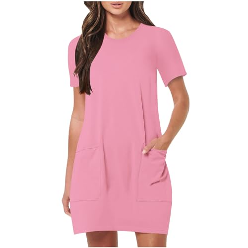 Masrin Blusenkleid Damen Lässiges Einfarbiges Sommerkleid O-Ausschnitt Kurzarm T-Shirt Kleider Leichtes Pulloverkleid mit Taschen Kurzes Wickelkleid Tunika Sweatkleid Elastisch Minikleid Longshirt von Masrin
