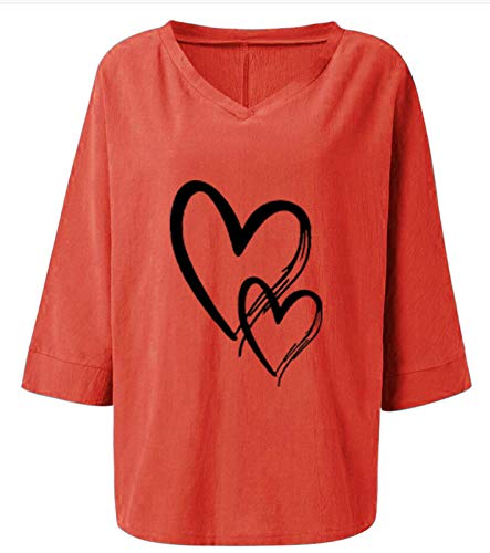 Masrin Damen Baumwolle und Leinen Tops Vintage Plus Size Liebe Herz Druck T-Shirt Einfarbig V-Ausschnitt 3/4 Ärmel lose Tunika Bluse(XXXXL,Orange) von Masrin