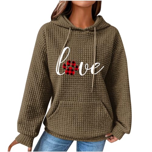 Masrin Damen Liebesherz Hoodie Langarm Kapuzenpullover Frühling Winter Warm Pullover Lustig Hundepfote Muster Sweatshirt mit Kapuze Pulli Hoody Oberteile Waffel Kapuzenpulli mit Taschen Sport Mantel von Masrin