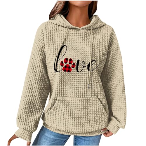 Masrin Damen Liebesherz Hoodie Langarm Kapuzenpullover Frühling Winter Warm Pullover Lustig Hundepfote Muster Sweatshirt mit Kapuze Pulli Hoody Oberteile Waffel Kapuzenpulli mit Taschen Sport Mantel von Masrin