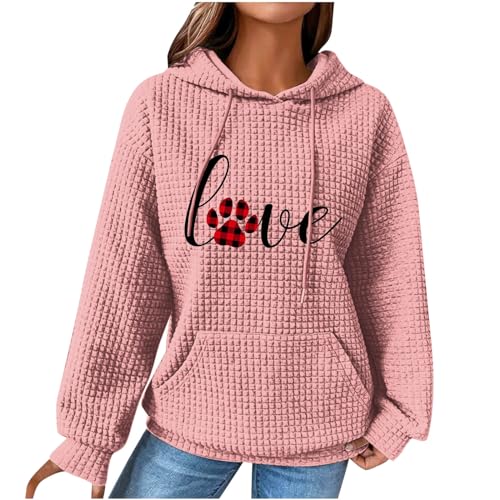 Masrin Damen Liebesherz Hoodie Langarm Kapuzenpullover Frühling Winter Warm Pullover Lustig Hundepfote Muster Sweatshirt mit Kapuze Pulli Hoody Oberteile Waffel Kapuzenpulli mit Taschen Sport Mantel von Masrin