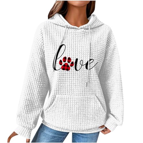 Masrin Damen Liebesherz Hoodie Langarm Kapuzenpullover Frühling Winter Warm Pullover Lustig Hundepfote Muster Sweatshirt mit Kapuze Pulli Hoody Oberteile Waffel Kapuzenpulli mit Taschen Sport Mantel von Masrin