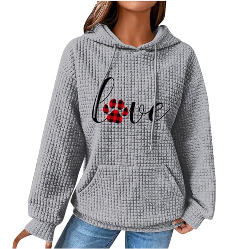 Masrin Damen Liebesherz Hoodie Langarm Kapuzenpullover Frühling Winter Warm Pullover Lustig Hundepfote Muster Sweatshirt mit Kapuze Pulli Hoody Oberteile Waffel Kapuzenpulli mit Taschen Sport Mantel von Masrin