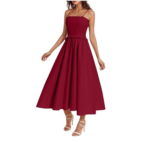 Masrin Damen Regular-Fit-Midi-Rüschenkleid aus Baumwollsatin mit Empire-Taille Cocktailkleid Für Hochzeit Abschlusskleid Partykleid von Masrin