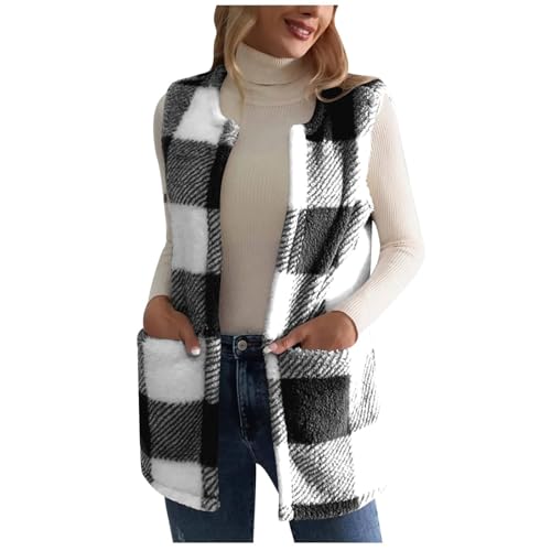 Masrin Damen Winterweste Verdickter Plüsch Weste Thermo Kuschelweste Ärmellos Teddy Jacke Weste Wattierter Kariert Strickweste Fleeceweste Teddyjacke S-3XL von Masrin