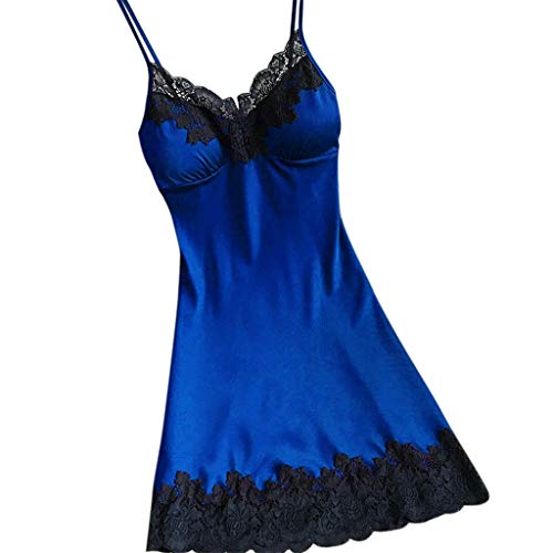 Masrin Frauen Nachthemd Sexy Blumenstickerei Spitze Satin Sling Nachthemd mit Brustpolstern Satin Nachtwäsche Nachtwäsche Dessous(S,Blau) von Masrin