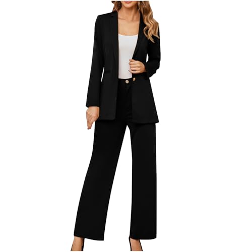 Masrin Hosenanzug Damen Einfarbig Umlegekragen Langarm Blazer + Anzughose Einknopf Anzugmantel Elegant Geschäft Arbeitsanzug Zweiteiler Outfit Bürodame Pendler Kostüm Lehrerin Anzug Set von Masrin