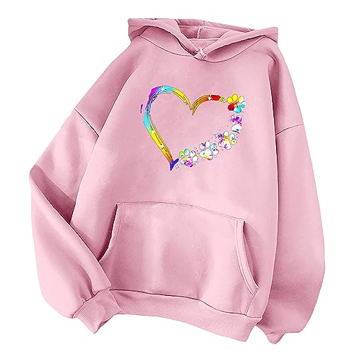 Masrin Hundepfoten Druck Hoodie Damen Regenbogen Liebesherz Muster Kapuzenpullover Frühling Sommer Hoody Langarmshirt Teenager Mädchen Sweatshirt mit Kapuzen Locker Sportshirt Kapuzenpulli mit Tasche von Masrin