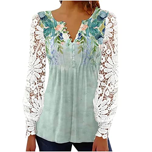 Masrin Langarmshirt Damen Trendige Plissee Oberteile Ausgehöhlter Blumenstickerei Pullover Bluse mit Knopfleiste Tops V-Ausschnitt Langen Ärmeln Pulli Shirt Regular Fit Blusentops Elegant Partywear von Masrin