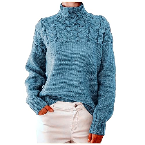 Masrin Rollkragenpullover Damen Elegante Einfarbiger Strickpullover Langarmshirt Pulli Herbst Winter Warmes Sweatshirt Stricken Grob Gestrickter Pullover Elastisch locker Strickoberteile Sweater von Masrin