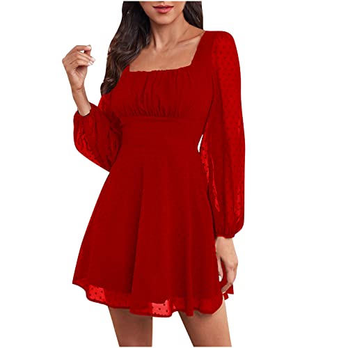 Masrin Skaterkleid für Damen Elegantes modisches einfarbiges Jacquard Chiffon-Kleid A-Linien-Kleid mit eckigem Kragen und Langen Ärmeln Swingkleid mit hohem Bund und Patchwork Minikleid Party Kleid von Masrin