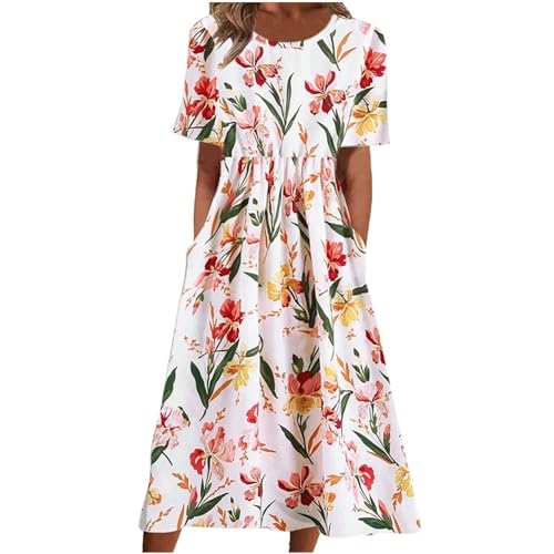 Masrin Sommerkleid Damen Elegantes Blumenmuster Plissiertes Kleider Freizeit Midikleid Kurzarm O-Ausschnitt Blusenkleid Hoher Taille Patchwork A-Linie Kleid Skaterkleid mit Taschen Urlaub Strandkleid von Masrin