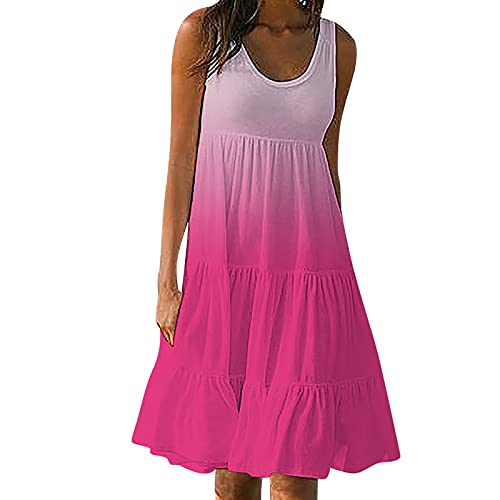 Masrin Sommerkleid für Damen Sommer einfarbiges ärmelloses Strandkleid für den Urlaub Gerüschtes Patchwork-Turmkleid Lockeres Trägerkleid A-Linien (5XL, X1 Rosa) von Masrin