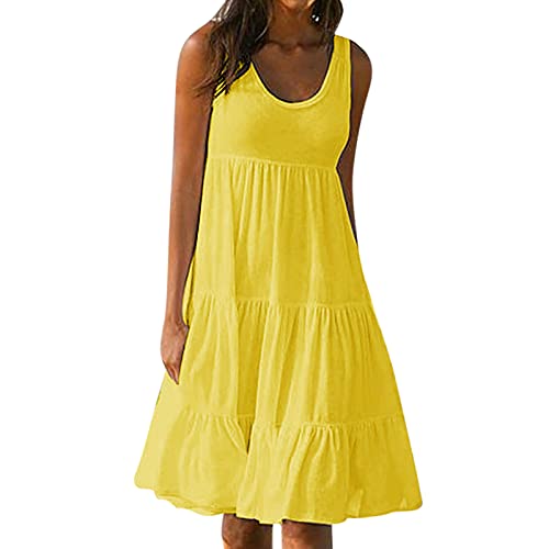 Masrin Sommerkleid für Damen Sommer einfarbiges ärmelloses Strandkleid für den Urlaub Gerüschtes Patchwork-Turmkleid Lockeres Trägerkleid A-Linien von Masrin