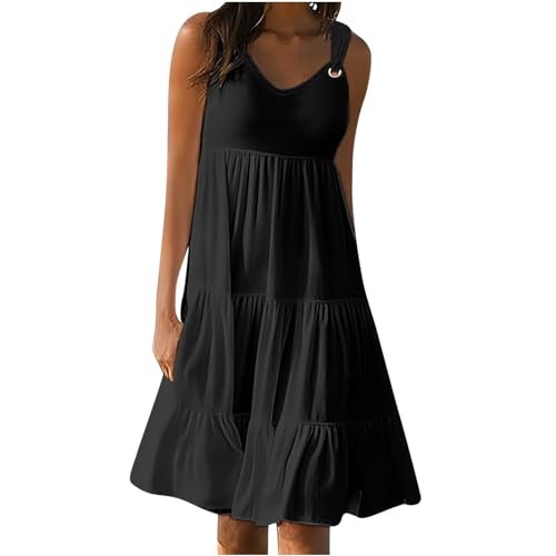 Masrin Sommerkleid für Damen Sommer einfarbiges ärmelloses Strandkleid für den Urlaub Gerüschtes Patchwork-Turmkleid Lockeres Trägerkleid A-Linien von Masrin