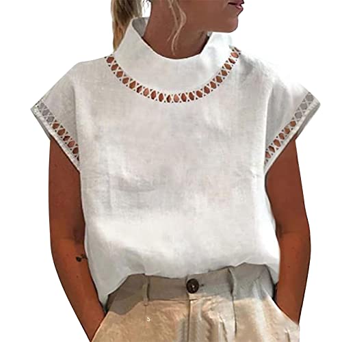 Masrin Stehkragenbluse für Damen Vintage Baumwoll Leinen Oberteile Einfarbiges Hemd Button Down Bluse Sommer Kurzarm Hemdbluse Lockeres Freizeithemd Urlaub Strand Shirts Sommershirt Leinenbluse von Masrin