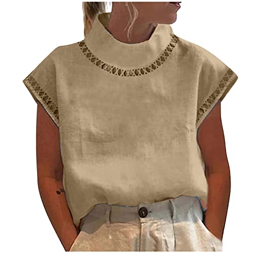 Masrin Stehkragenbluse für Damen Vintage Baumwoll Leinen Oberteile Einfarbiges Hemd Button Down Bluse Sommer Kurzarm Hemdbluse Lockeres Freizeithemd Urlaub Strand Shirts Sommershirt Leinenbluse von Masrin